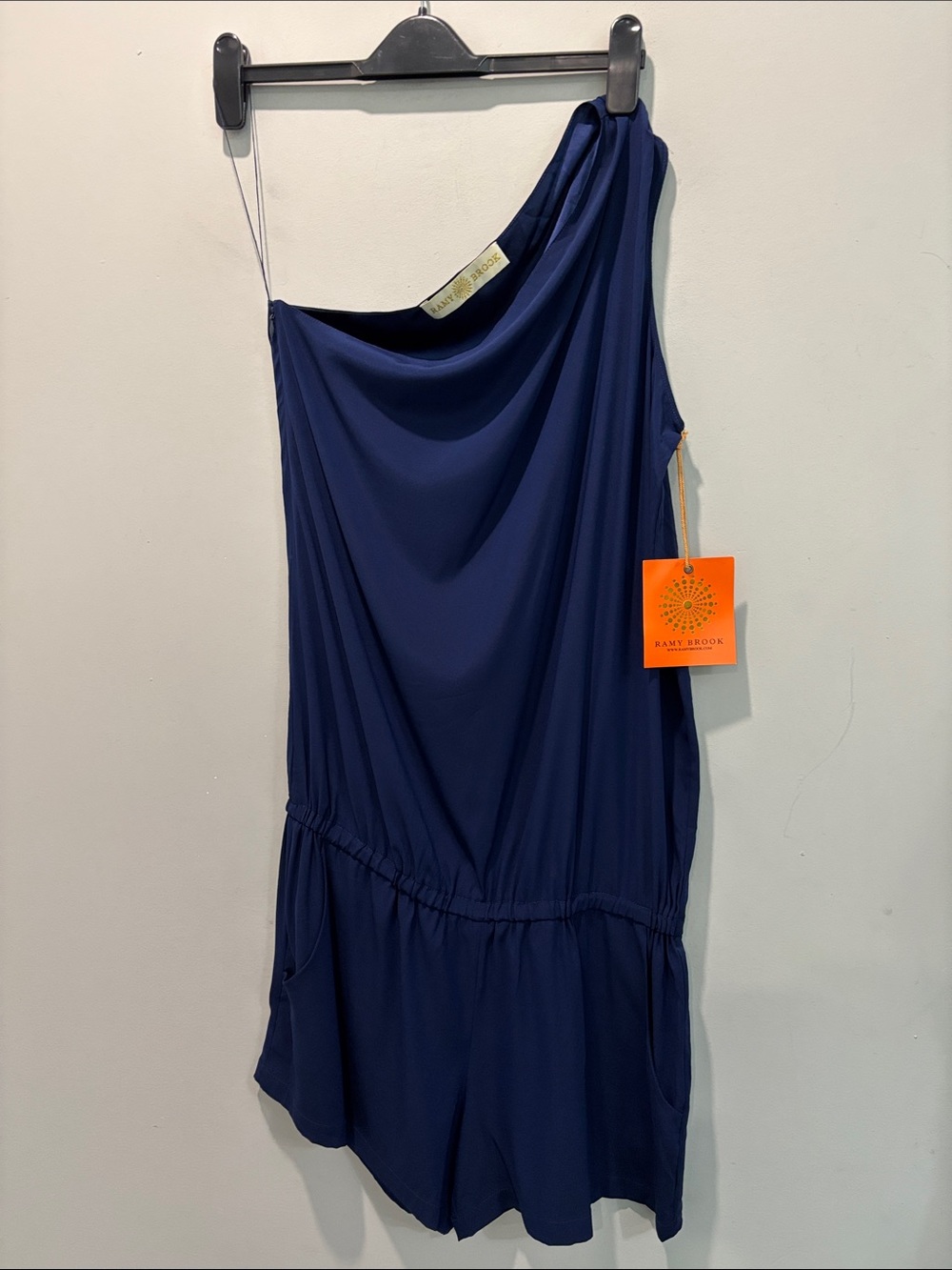 Ramy Brook Navy Silk One-Shoulder Romper NWT Size L Asymmetrical Draped Chic - Picture 11 of 14